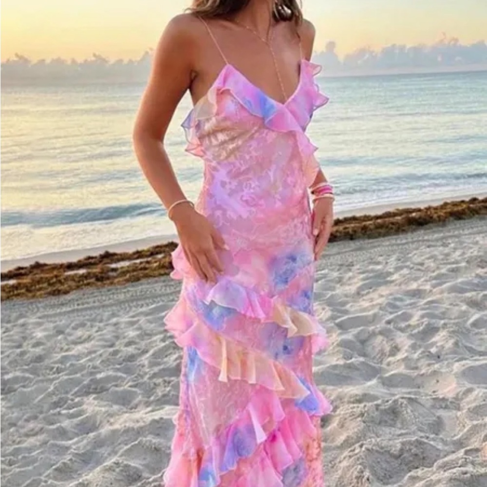 Floral Chiffon Pink Ruffle maxi dress
